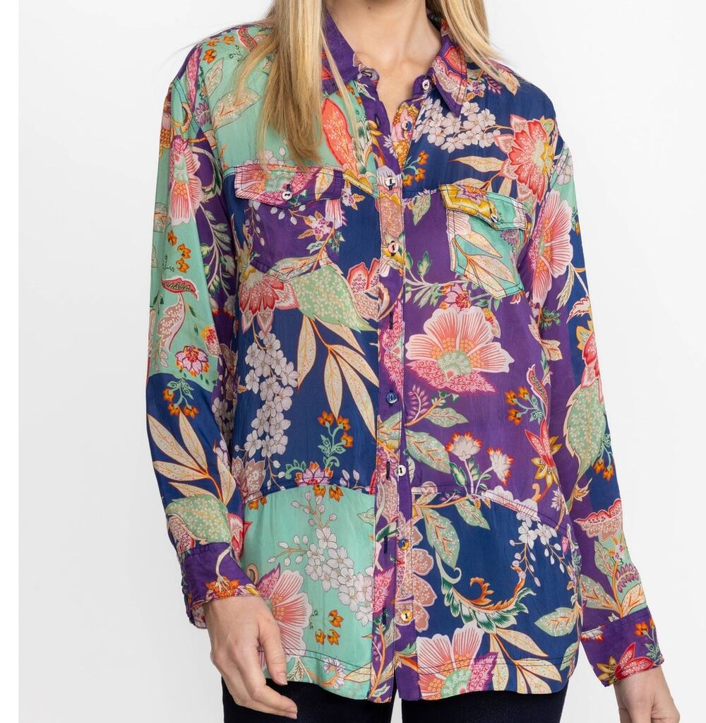 Johnny Was Vivienne Leya Button Up Top Size Medium Cupro Boho Floral Colorful